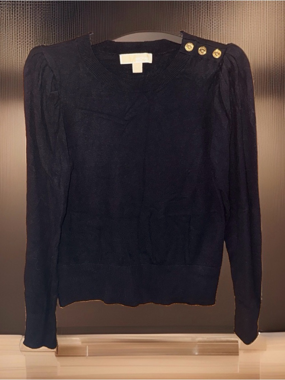 MICHAEL Michael Kors Black Crewneck Sweater with Gold Shoulder Buttons